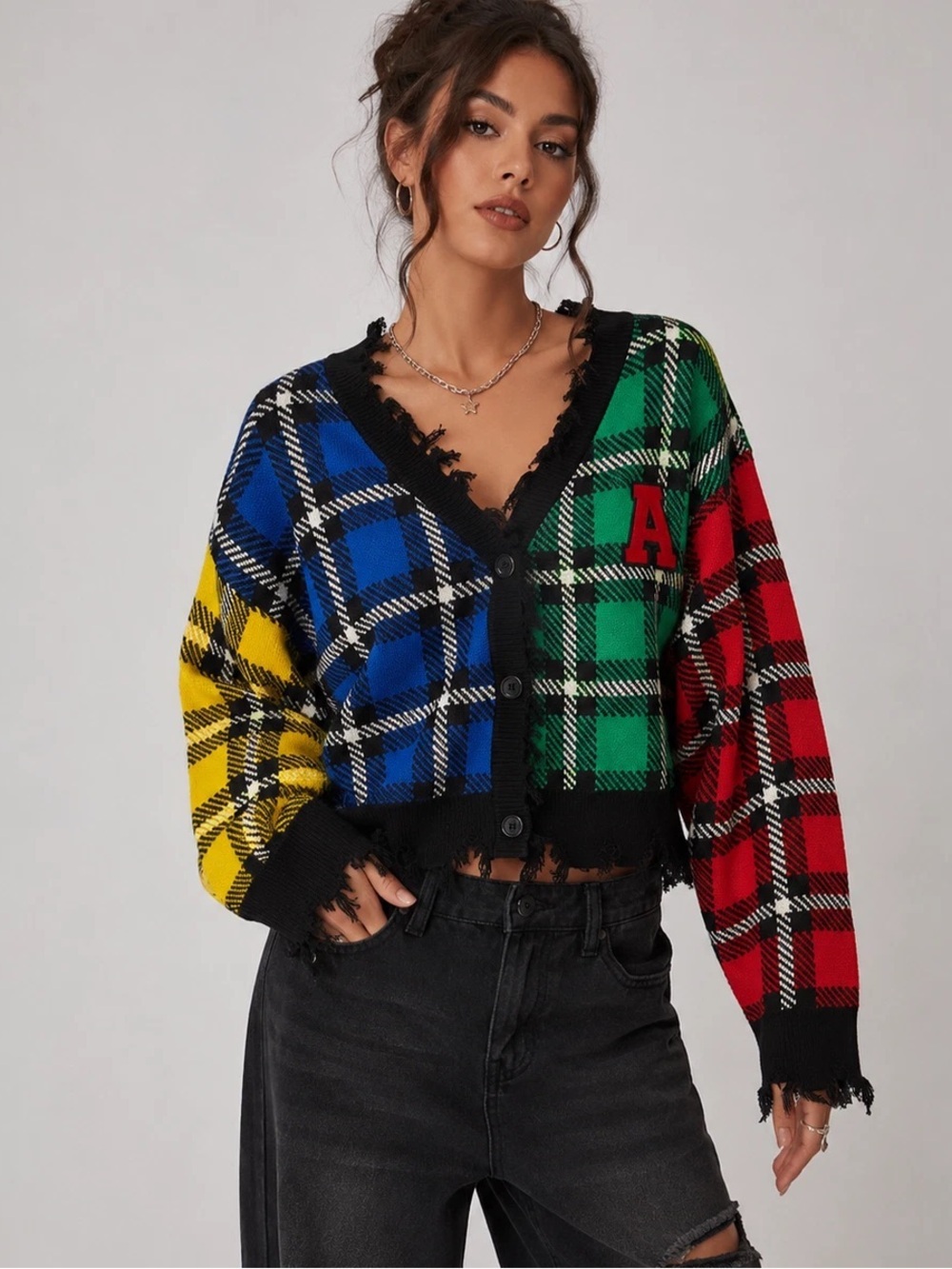 NWTRUNWAY 7 Women’s Multi-Color Plaid Distressed V-Neck Cardigan Sweater Size XL